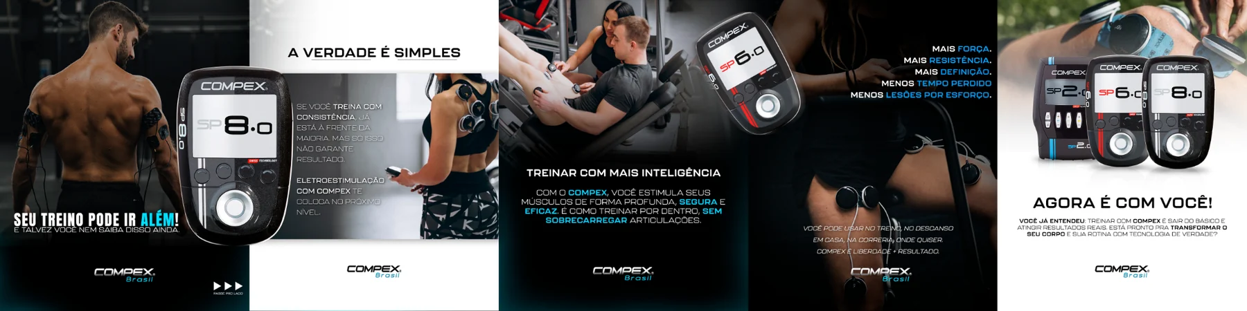 Peças da linha Compex SP com eletroestimuladores e atletas em treino